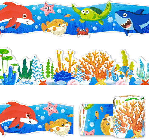 2 Rolls 66ft Ocean Bulletin Board Borders Under The Sea Animal Creatures Theme Print Border Trim for School Classroom Blackboard Chalkboard Sea An...