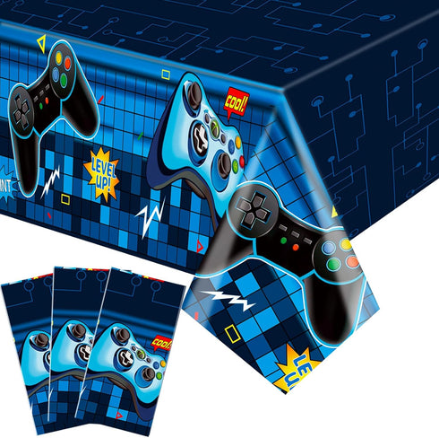 Video Game Rectangular Tablecloth, 3 Pcs Blue PE Plastic Disposable, 54'' x 108'', for Boys Gamer Birthday Party Decorations...