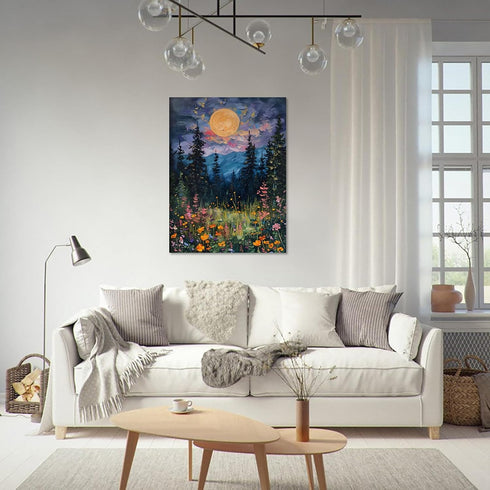 Generic Moon above the wildflowers and woodland art print poster full moon above nature oil painting Dark Forest Landscape Pictures for Farmhouse ...