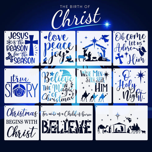 11pcs Christmas Nativity Scene Stencils, Reusable Jesus Stencil, Oh Holy Night, Wish Men Still Seek Hime DIY Drawing Template for Painting On Wood...