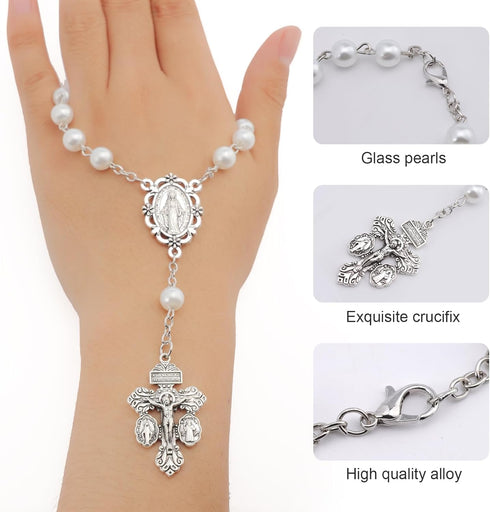 White Pearl Rosary for Car,Pardon Crucifix One Decade Rosary,Medalla Milagrosa Small Car Rosary for Rearview Mirror,Pocket Rosary Crucifijo Cruz D...