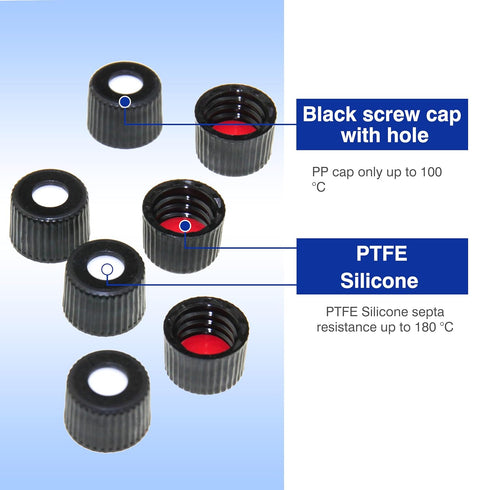 HPLC LC 8-425 Screw Thread Vial Caps, 8 mm, PTFE/Silicone Septa, Black, Polypropylene, 100 pcs/pk...