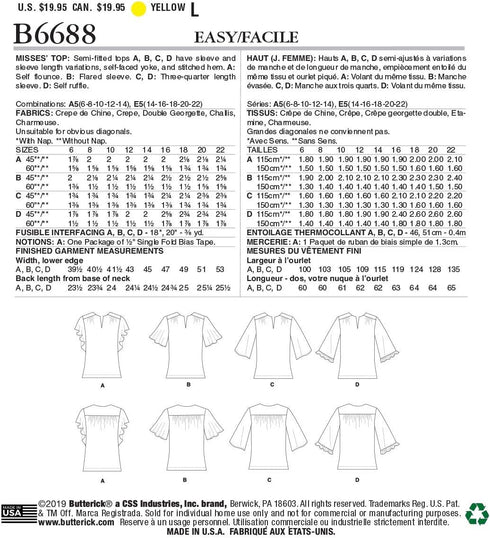 Butterick B6688E5 Easy Semi-Fitted Women's Blouse Sewing Patterns, Sizes 14-22...