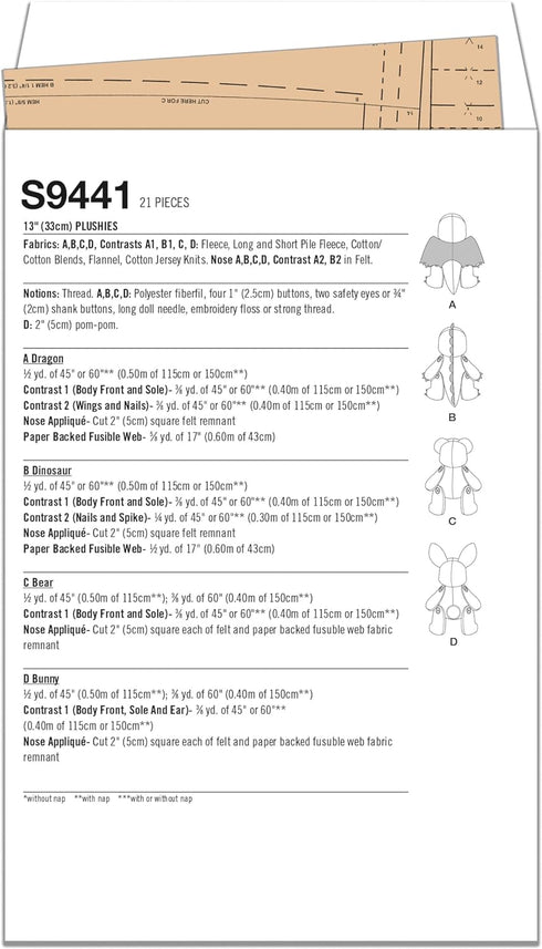 Simplicity Chubby Puppy, Lamb, Bunny, Kitten, and Dragon Plush Animals Sewing Pattern Packet, Design Code N6736, 13" Tall, Multicolor...