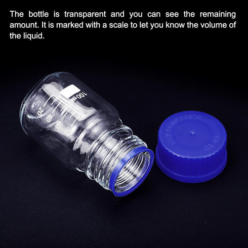 PATIKIL 100mL Reagent Media Bottle, 2Pcs Round Graduated Glass Storage Bottle Blue Screw Cap for Chemistry Lab Universities Home, Clear...