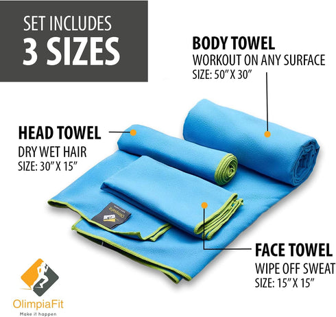 OlimpiaFit Quick Dry Towel - 3 Size Pack of Lightweight Microfiber Travel Towels w/Bag - Fast Drying Towel Set for Camping, Beach, Gym, Backpackin...