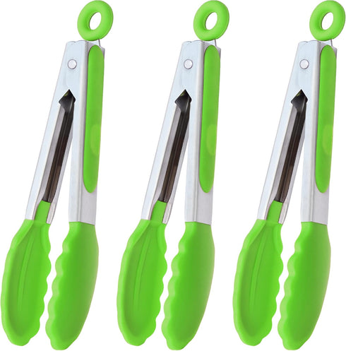 Mini Tongs with Silicone Tips 7 Inches Silicone Cooking Tongs, Set of 3 (Green)...