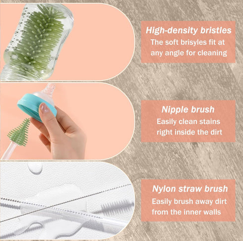 Tree Bottle Cleaning Brush Set. includes 2 Bottle Brush, Nipple Brush and Straw Brush. Baby Bottle Brush Set for Bottle Drying Rack. Baby Essentia...