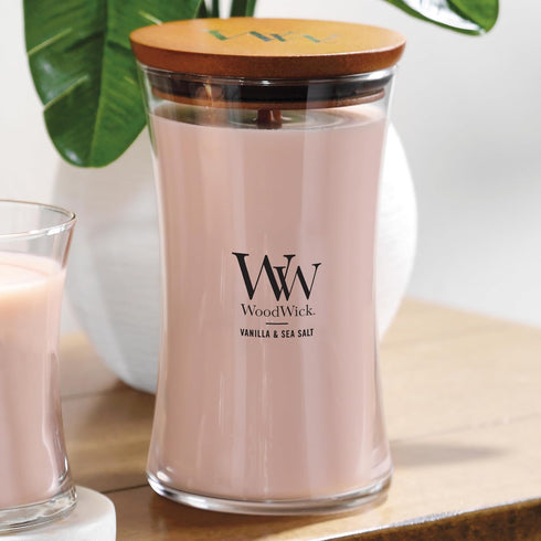 WoodWick Vanilla Sea Salt Large Hourglass Candle Premium Soy and Paraffin Wax Blend Pluswick Innovation Wood Wick...