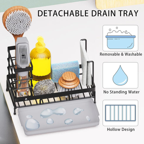 Kitchen Sink Organizer, Multifunctional Rustproof Sponge Holder Sink Organizer with Drain Tray & High Brush Holder & Dish Cloth Hanger, Kitchen Si...