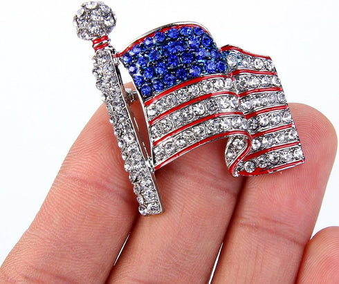 EVER FAITH Silver-Tone USA American Flag Clear w/Blue Austrian Crystals Brooch...