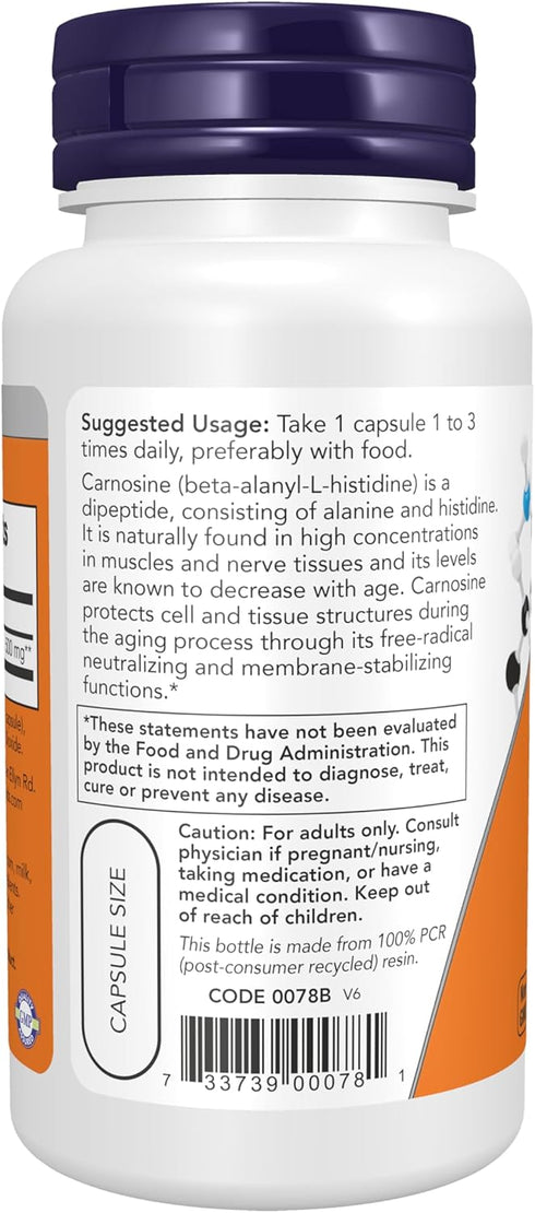 NOW Supplements, L-Carnosine (Beta-Alanyl-L-Histidine) 500 mg, Healthy Aging, 50 Veg Capsules...