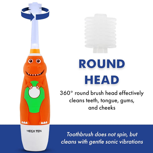 Brilliant Oral Care Kids Sonic Electric Toothbrush with Soft Bristles, Round Brush Head, LED Light, and Timer, for Children Ages 5+, Dinosaur...