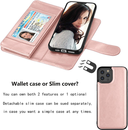 Njjex iPhone 12 Mini Wallet Case (2020) - 9 Card Slots, PU Leather, Detachable Kickstand, Magnetic Cover & Lanyard, Rose Gold...