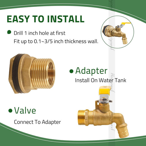 rain Barrel Spigot kit Within 1/2 inch Nozzle Brass Water Faucet & Bulkhead Tank Fitting fits 1-1/4 inch Hole, for Garden Hose rainwater Bucket 55...