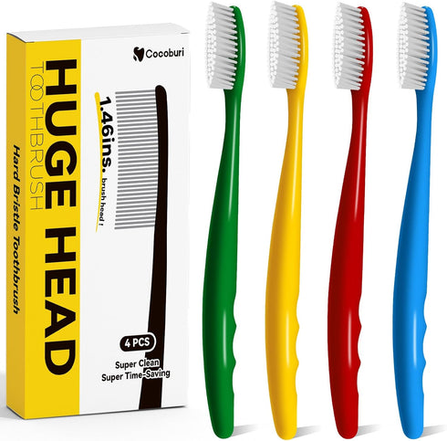 Huge Head Toothbrush Hard Toothbrushes for Adults Hare&Firm Toothbrush Bristles BPA Free Oral Care 4 Packs...