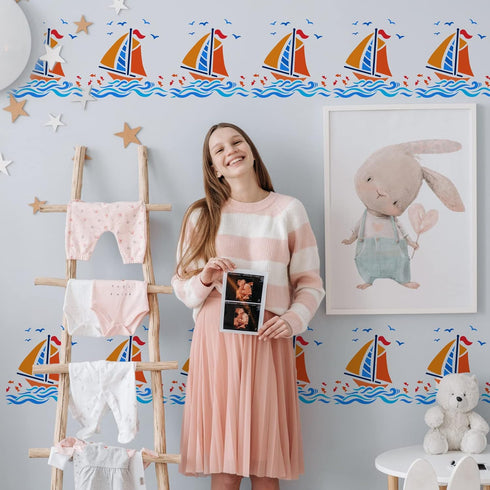 FINGERINSPIRE Nautical Sailboat Stencil for Painting 11.8x11.8 inch Hollow Out Seagulls Sea Fish Craft Stencil Reusable Sea Water Wave Stencil Boa...