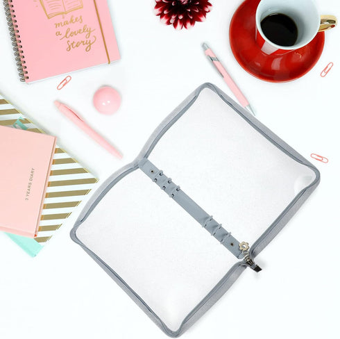 STOBOK A6 Binder Cover 6-Ring Clear Transparent PVC Notebook Folder Cover with Zipper Closure Loose Leaf Binder Protector for Meeting Travel Offic...