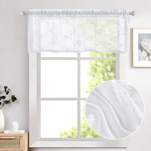 Topick White Sheer Leaf Curtain Kitchen Valance for Windows Leaf Embroidered Voile Small Curtain Valance Semi Sheer Farmhouse Curtain 18 Inch Rod ...