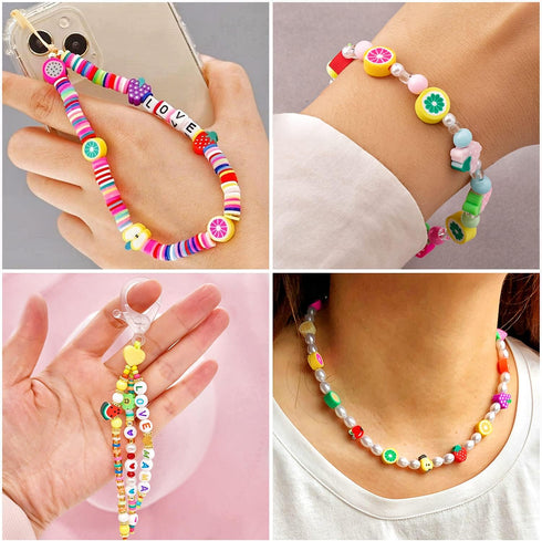 480pcs Fruits Clay Beads for Jewelry Making, 24 Styles Mixed Clay Beads Fruit Charms for Bracelet Making Kit, Polymer Heishi Beads for Women DIY N...