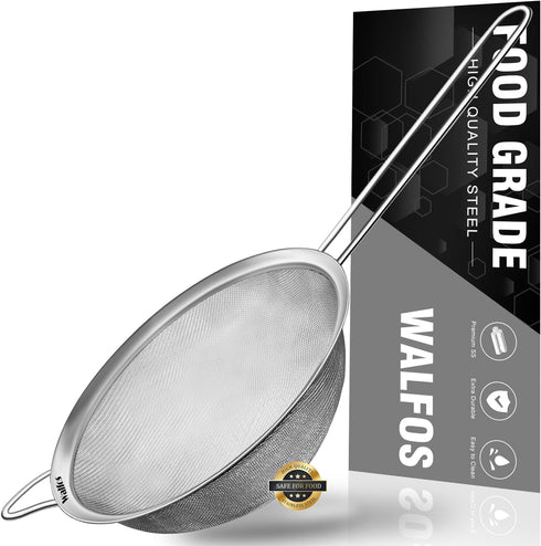 Walfos 6.3 Inch Fine Mesh Strainer, Premium Stainless Steel Sieve and Sifter with Handle, Kitchen Metal Strainers for Rice, Quinoa, Fruits, Noodle...