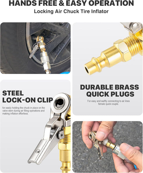 2-Pack 1/4 Inch Female NPT Closed Ball Tire Chuck with Clip, Locking Air Chuck Tire Inflator with Air Chuck Quick Connect, Clip-On Air Chucks for ...