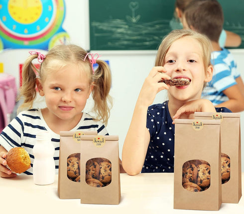 Eupako 4.5x2.36x9.6" Bakery Bags with Window 50 PCS Brown Tin Tie Tab Lock Bags Kraft Paper Bags for Cookies, Coffee, Included 50 PCS Handmade Sti...