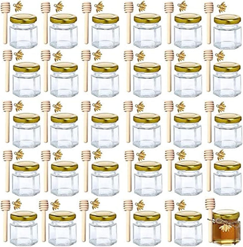 1.5 oz Hexagon Mini Glass Honey Jars -30Pack Honey Jars with Wood Dipper, Gold Lid, Bee Pendants, Jutes - Perfect for Baby Shower, Wedding Favors,...