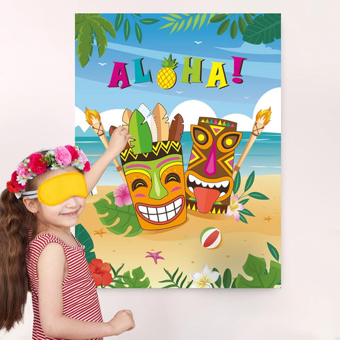 WERNNSAI Pin The Feather on The Tiki Party Games - Hawaiian Luau Party Supplies for Kids Boys 21’’ x 28’’ Aloha Poster with 24 Pcs Stickers for Ba...