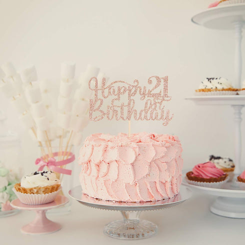 Happy 21st Birthday Cake Topper, 21st Birthday/Anniversary Party Supplies, Cheers to Twenty-one Years Party Decoration - Rose Gold Glitter...