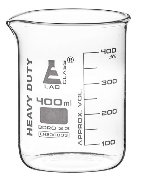EISCO Heavy Duty Beaker, 400ml - 5mm Thick, Uniform Walls - Superior Durability & Chemical Resistance - White Graduations - Borosilicate 3.3 Glass...