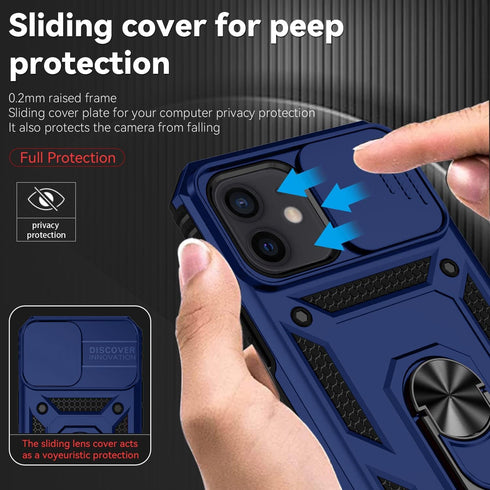 for iPhone 12 Mini Case with Slide Lens Cover, HD Screen Protector, Military Grade Drop Protection, Magnetic Rotated Ring Holder Kickstand Phone C...