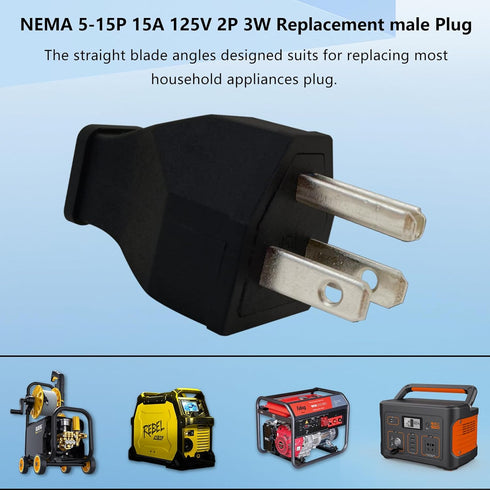 3 Prong NEMA 5-15P Power Adapter Replacement Plug, Straight Blade Connector for Extension Cord,3-Pin 15A 125V Male Rewirable Plug (Plug 2Pcs,Black...
