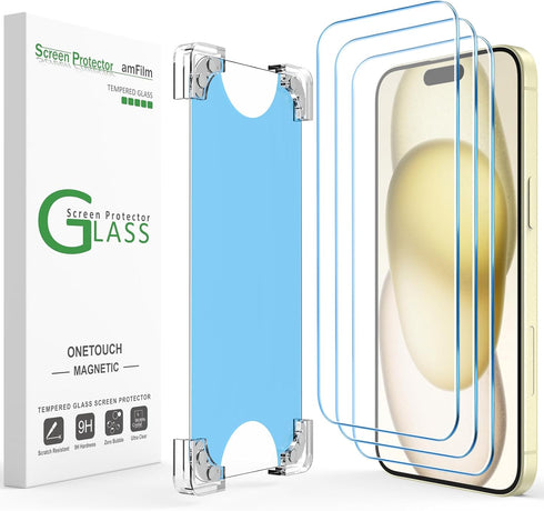 amFilm Magnetic OneTouch 3 Pack Compatible with iPhone 15 Screen Protector 6.1" Tempered Glass Accessories, Premium Easiest Installation Kit 9H, C...