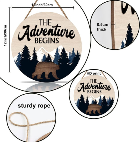 LHIUEM The Adventure Begins Wooden Hanging Sign,Woodland Wall Decor,Bear Mountain Inspirational Quotes Wooden Sign For Home Cabin Decor,Forest Cam...