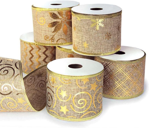 Gold Ribbon Wired Christmas Tree Ribbon 2.5 Inch Burlap Ribbons Xmas 6 Rolls 36 Yards Metallic Glitter Crafts Decorating Gift Wrapping Bows Gift W...