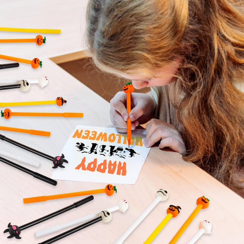 30 Pcs Halloween Pens, Pumpkin Skull Heads Ghost Bat Shape Pens, 0.5 MM Bulk Black Rollerball Pen for Halloween Thanksgiving Party Supplies School...
