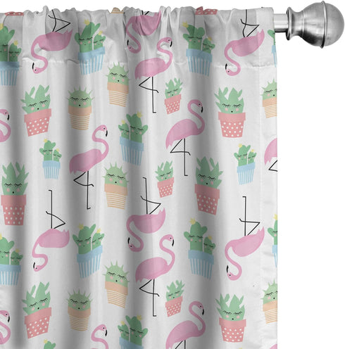 Ambesonne Cactus Window Curtains, Flamingos and Sleeping Plants in Pots Cartoon Pattern Tropical Bird, Lightweight Decor 2-Panel Set with Rod Pock...