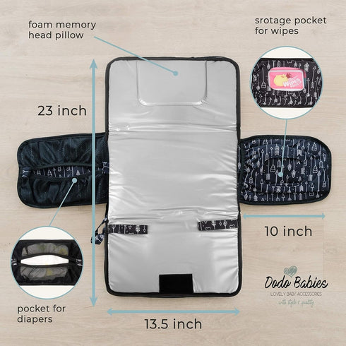 Dodo Babies Portable Diaper Changing Pad Set - Portable Waterproof Changing Mat with Memory Foam Head Pillow and Zip Storage Plus 2 Pacifier Clips...
