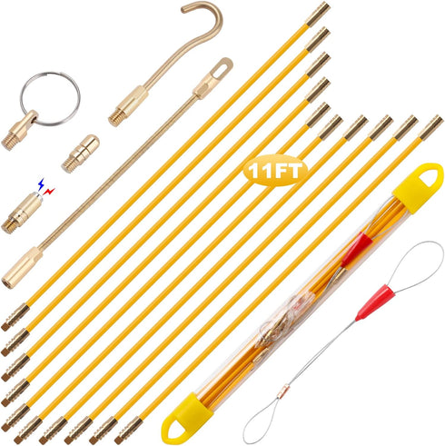 11' Fiberglass Running Electrical Wire Cable Pulling Fish Tape Kit with 5 Different Attachments and Fish Tape Tool in a Carrying Case...