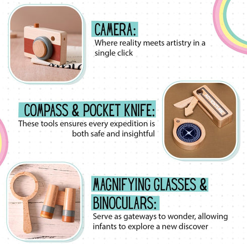 Kids Explorer Kit - Outdoor Pretend Play Kit for Kids - Montessori Outdoor Toys with Wooden Camera Toy, Magnifying Glass, Binoculars, Compass - Ca...