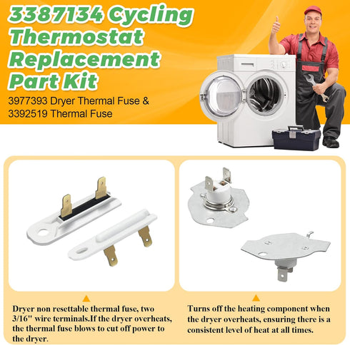 3387134 Cycling Thermostat 3977393 & 3392519 Dryer Thermal Fuse 3977767 High Limit Thermostat Replacement Part Kit by Techecook - Compatible for Whirlpool Kenmore Dryer