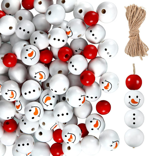 Christmas Snowman Wooden Beads Rustic Farmhouse Beads Polished 160 Pieces Christmas Wooden Beads Wooden Craft Beads with 32.8 Feet Rope Craft Supp...