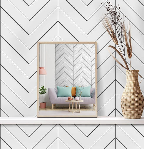 Black and White Wallpaper Peel and Stick Wallpaper Boho Contact Paper Modern Herringbone Wallpaper for Bathroom Bedroom Kitchen Wallpaper Self Adh...
