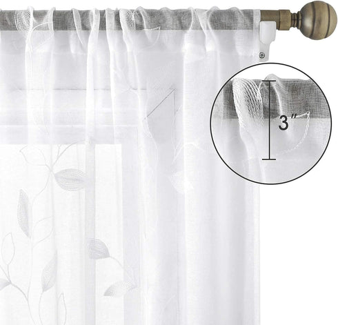 HOMEIDEAS White Sheer Curtains 52 X 63 Inches Length 2 Panels Embroidered Leaf Pattern Pocket Faux Linen Floral Semi Sheer Voile Window Curtains/D...