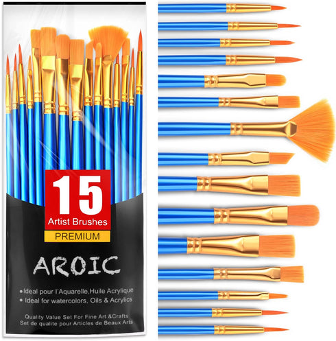AROIC Acrylic Paint Brush Set, 15 pcs Nylon Hair Paint Brushes for All Purpose Oil Watercolor Face Body Rock Painting Artist, Small Paint Brush Ki...