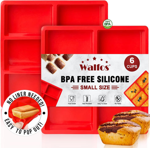 Walfos Silicone Mini Bread Baking Pan 6 Cavities Non-Stick Silicone Mini Loaf Pans 2 Pieces Food Grade Baking Mold For Bread, Cakes, Muffin, Dough...