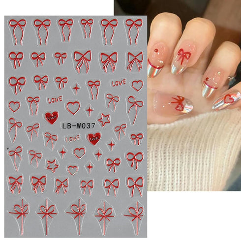 Heart Bows Nail Art Stickers Decals 4 Pcs White Red Pink Bow Tie Nail Design Stickers Bow Star Heart Nail Supplies Valentine's Day Nail Stickers B...