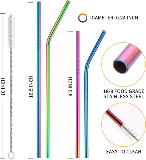 Hiware 12-Pack Rainbow Metal Straws Reusable with Case - Stainless Steel Drinking Straws for 30oz and 20oz Tumblers Dishwasher Safe, 2 Brushes Inc...