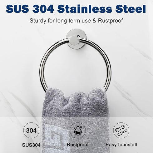 NearMoon Bath Towel Ring, Bathroom Hardware Accessories-Thicken Stainless Steel Hand Towel Holder for Bathroom, Modern Round Towel Hanger Wall Mou...